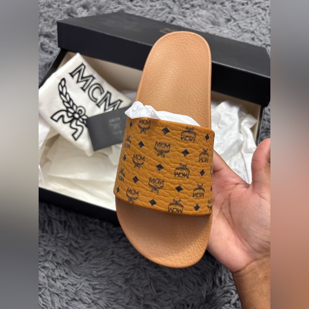 MCM Cognac Monogram Slides